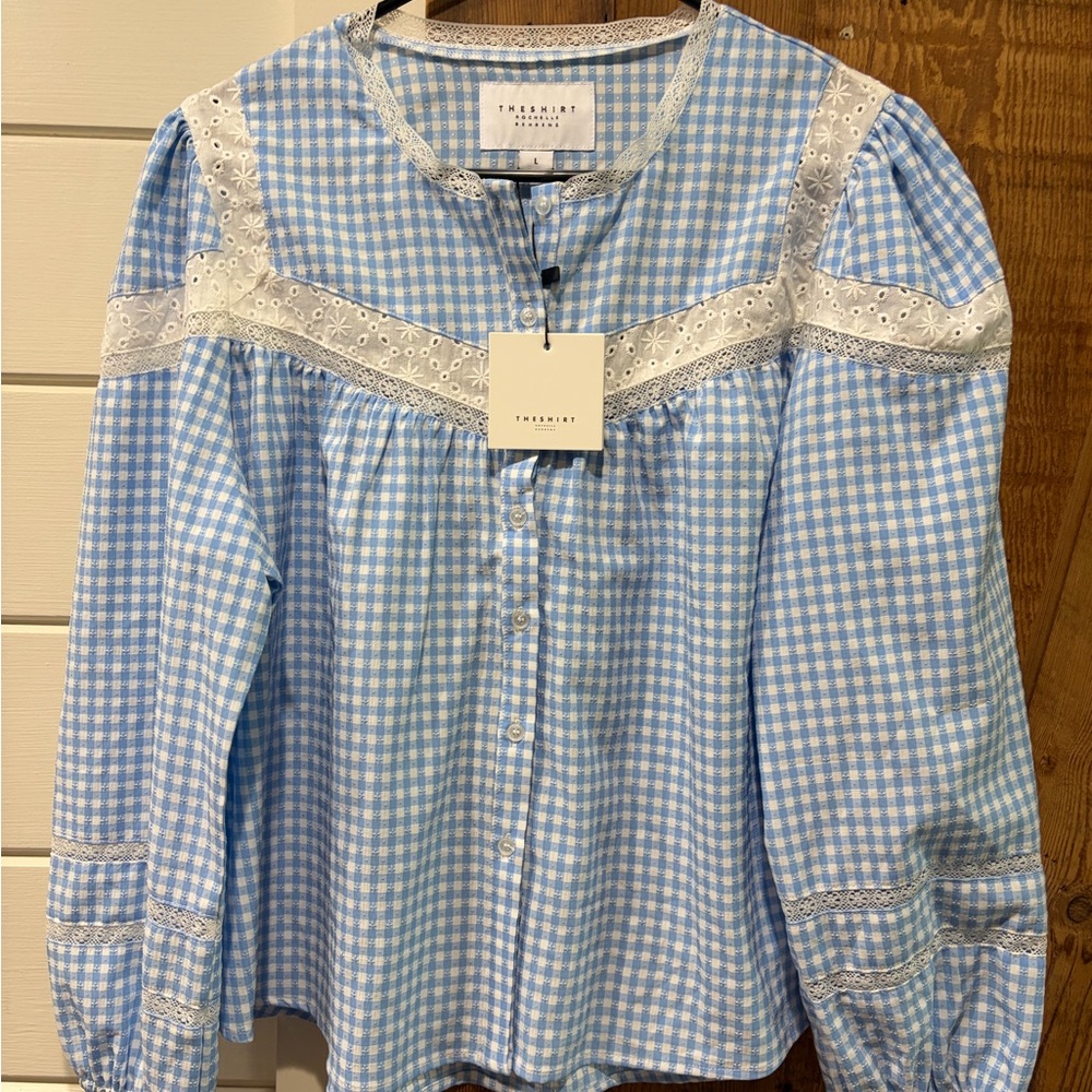 The Shirt by Rochelle Behrens Light Blue & White Gingham Lace-Trim Blouse